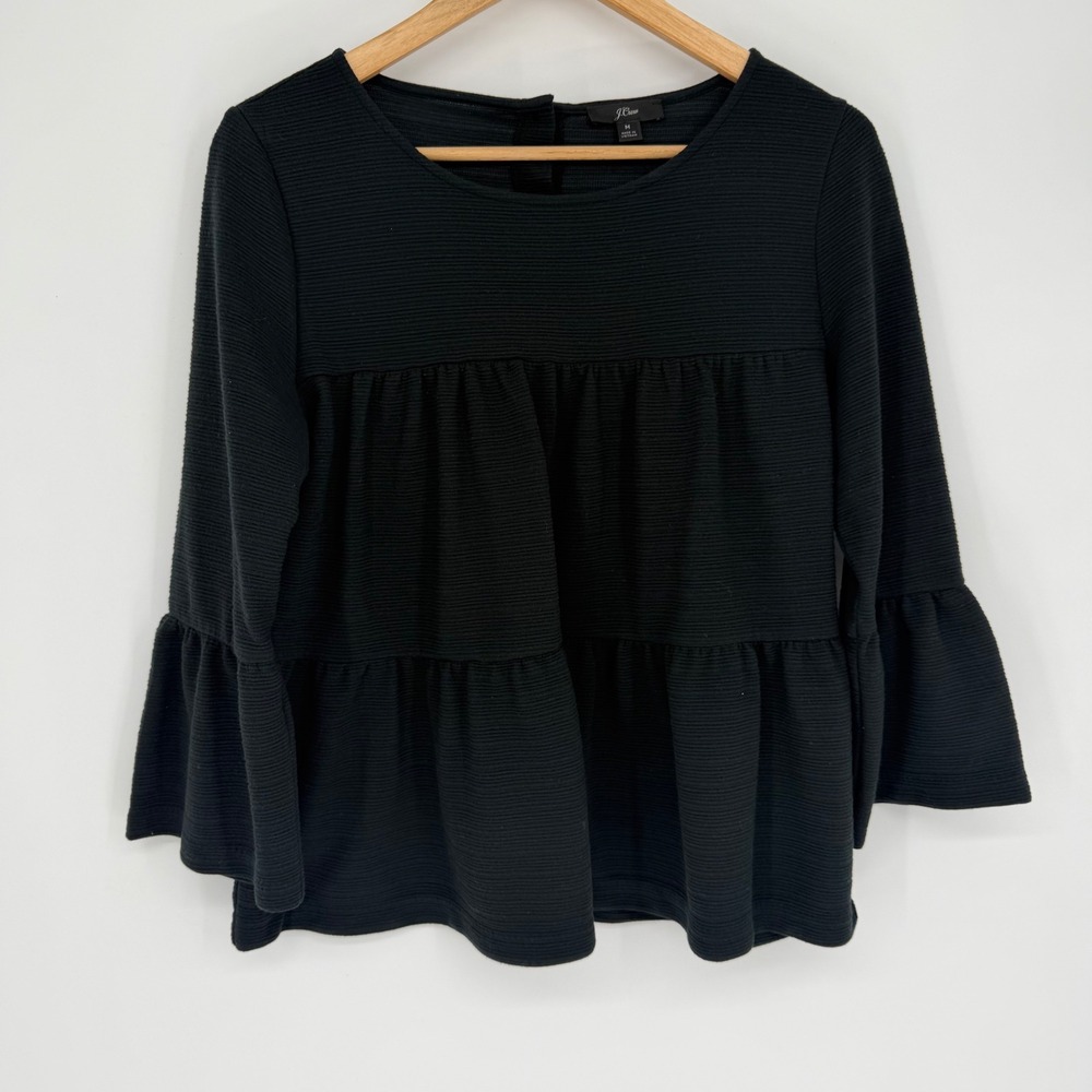 J.Crew Top Black Textured Ribbed Knit Tiered Peplum Bell Sleeve Medium
